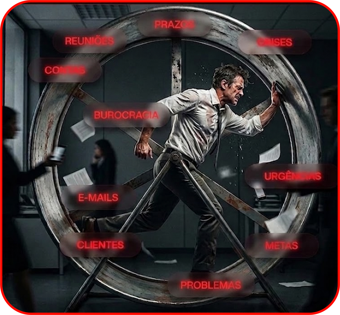 Empresário correndo dentro de uma roda gigante de hamster, sobrecarregado por contas, crises, urgências, prazos, reuniões, burocracia, e-mails, metas e problemas.